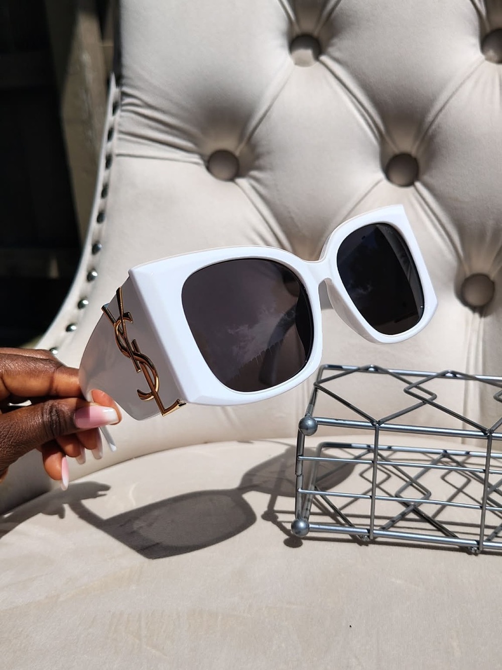 Luxury White Oversized Square Sunglasses with Gold Accent